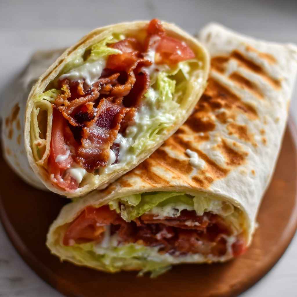 Grilled BLT Wraps Recipe - beautifully cooked texture with balanced colors and appetizing finish with cracked black pepper and olive oil
