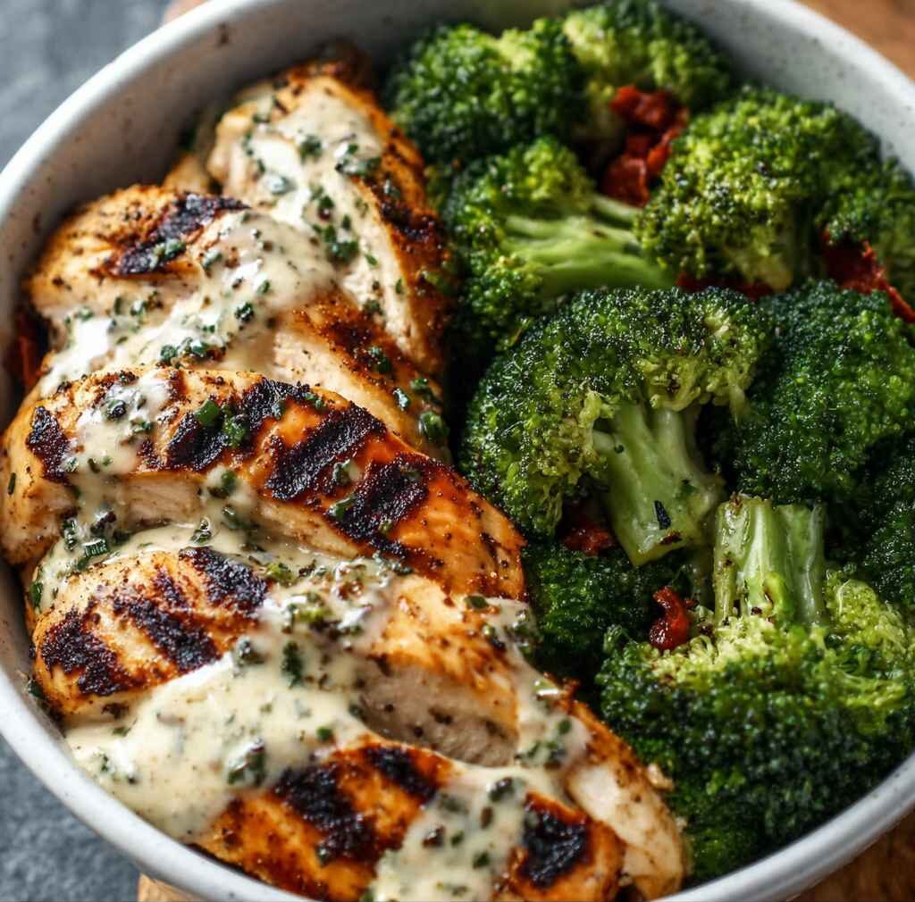 Grilled Chicken Broccoli Bowls - crisp garden greens with toasted seeds and crumbled cheese
