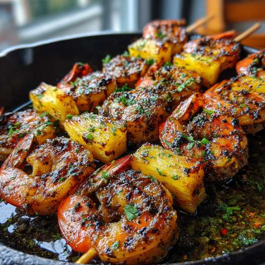 Grilled Jerk Shrimp and Pineapple Skewers - tender flaky seafood with a vibrant golden-seared finish with sliced green onions and sesame seeds