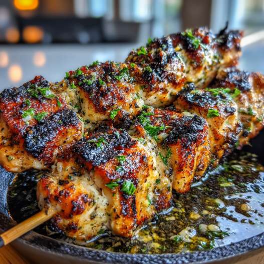 Grilled Ranch Garlic Parmesan Chicken Skewers - crispy golden skin with aromatic herb seasoning with fresh thyme leaves and roasted garlic cloves