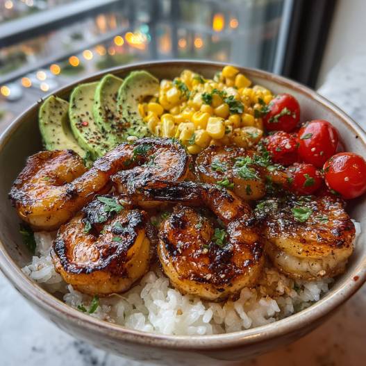 Grilled Shrimp Bowl - delicate fresh leaves tossed with vibrant seasonal toppings with fresh cracked pepper and lemon wedges