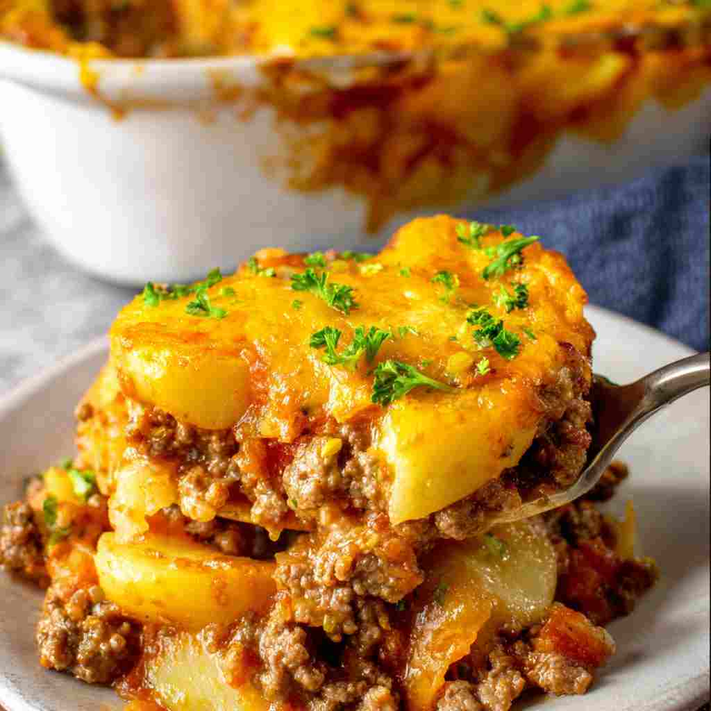 Ground Beef and Potatoes Casserole - golden sizzled finish with rich natural juices with flaky sea salt and fresh thyme