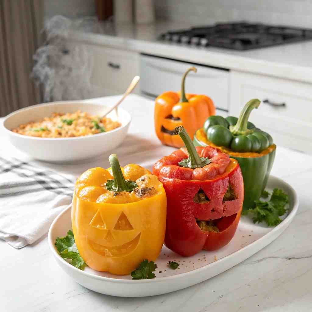 Halloween Jack-O’-Lantern Stuffed Peppers - tender with fresh seasonal herbs