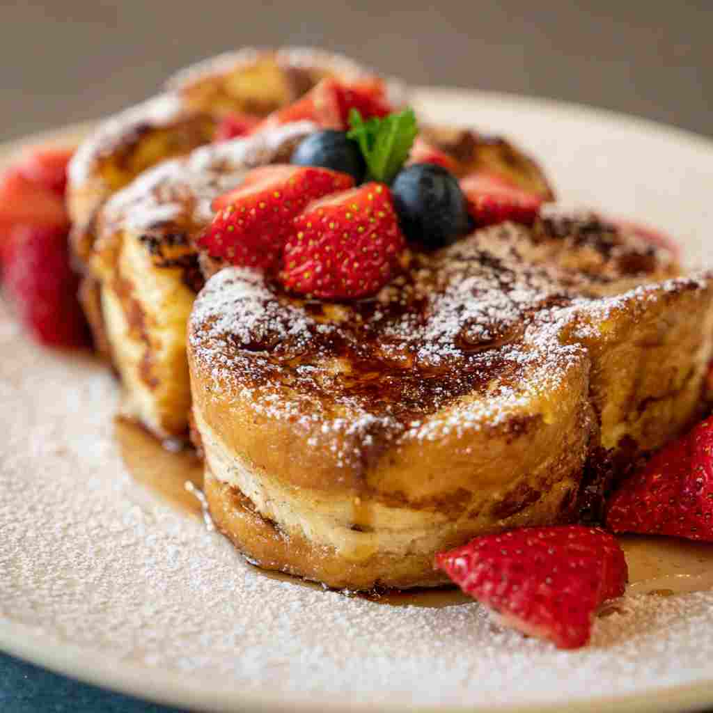 Hawaiian Roll French Toast - crispy golden exterior with warm flavorful filling with toasted sesame seeds and dipping bowl
