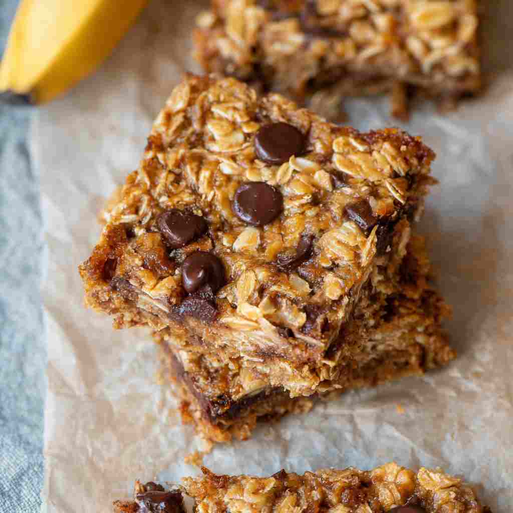 Healthy Banana Oatmeal Bars - rich fudgy consistency with glossy chocolate finish with chopped toasted nuts