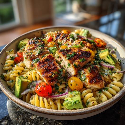 Healthy Chicken Pasta Salad Recipe with Avocado - colorful crunchy medley with radiant fresh textures with a light drizzle of vinaigrette