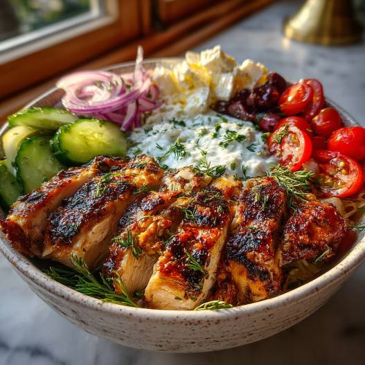 Healthy Greek Chicken Bowl - delicate fresh leaves tossed with vibrant seasonal toppings with fresh cracked pepper and lemon wedges