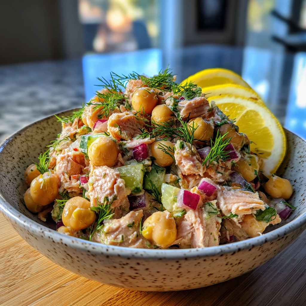 Healthy Tuna Garbanzo Bean Salad - delicate fresh leaves tossed with vibrant seasonal toppings with a light drizzle of vinaigrette