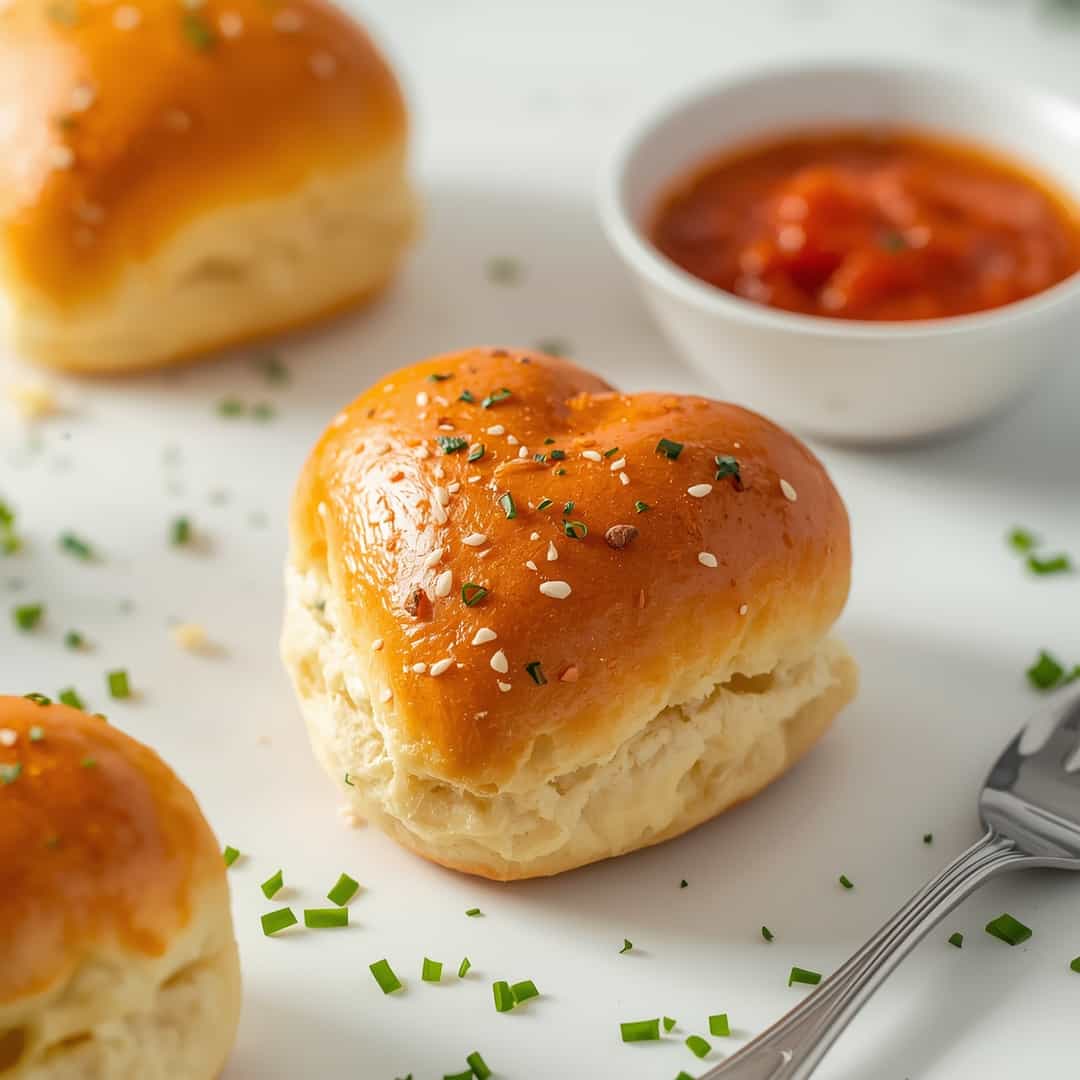 Heart Shaped Dinner Rolls - smooth creamy dipping consistency with baked bubbly top with chopped parsley and grated cheese