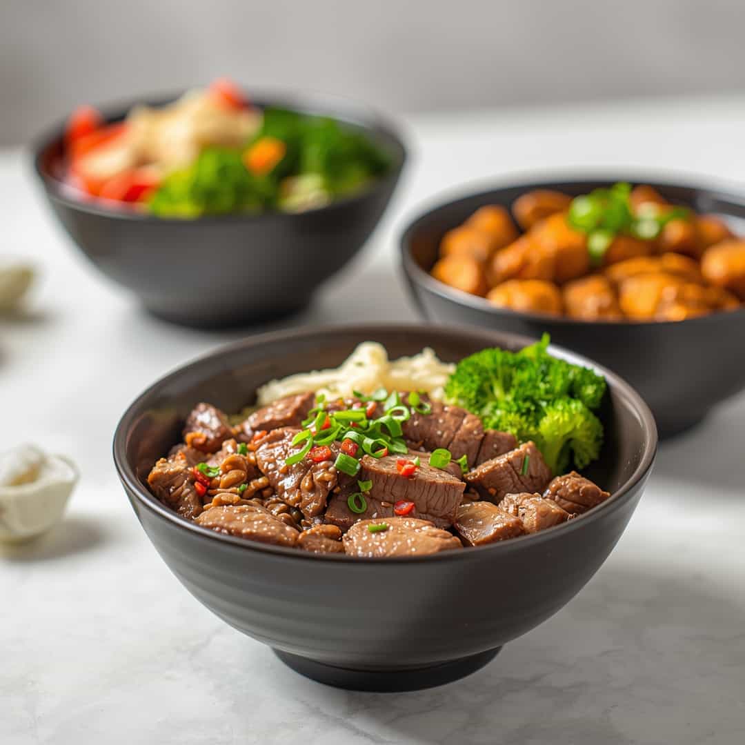 Hibachi Steak Bowls - delicate fresh leaves tossed with vibrant seasonal toppings with fresh cracked pepper and lemon wedges