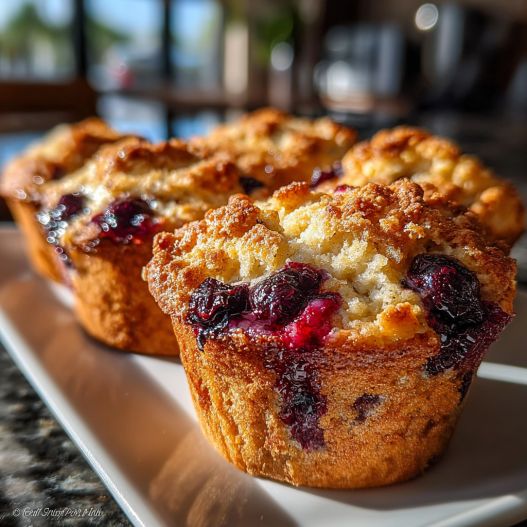 High Protein Blueberry Cottage Cheese Muffins - rich velvety layer with crisp golden edges with a delicate dusting of powdered sugar
