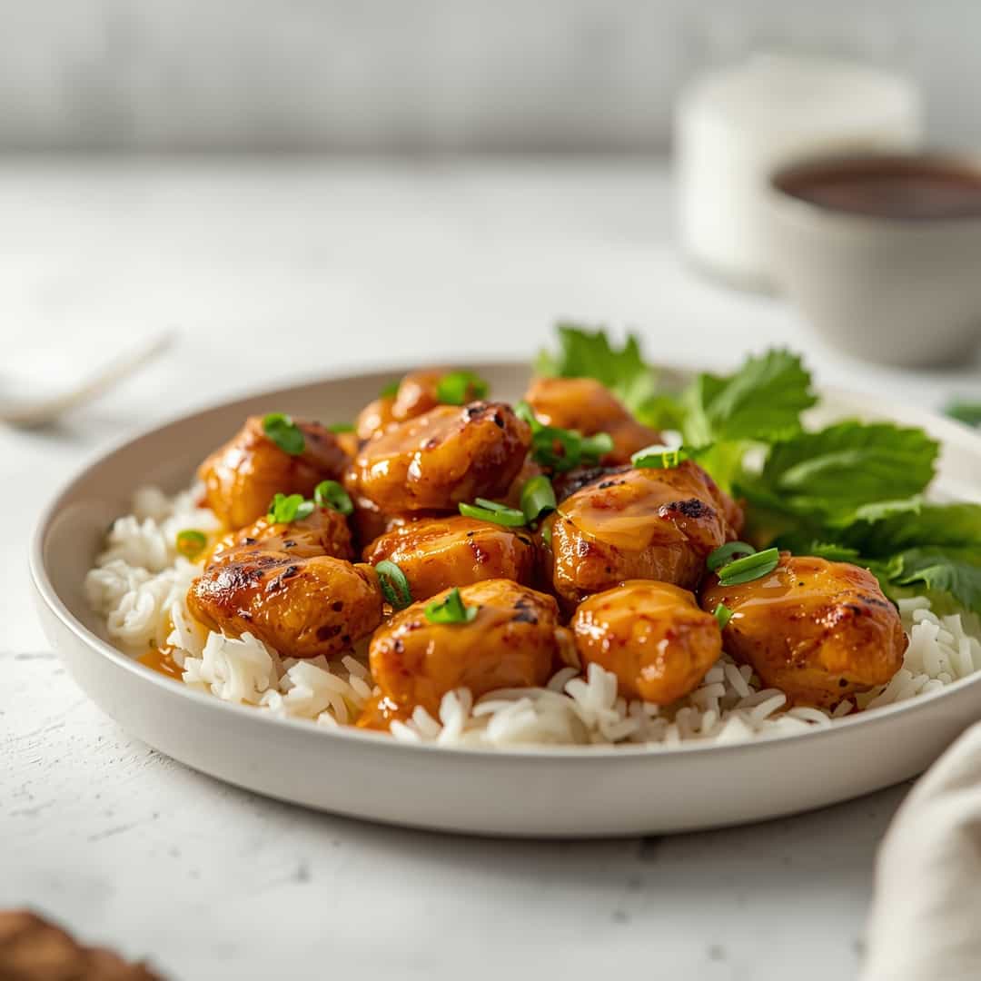 High Protein Honey Garlic Butter Chicken - tender with chopped chives and lemon slices
