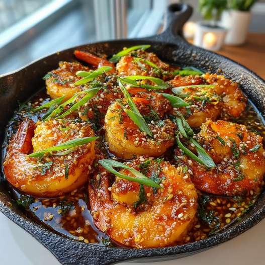 High-Protein Honey Garlic Shrimp - tender flaky seafood with a vibrant golden-seared finish with sliced green onions and sesame seeds