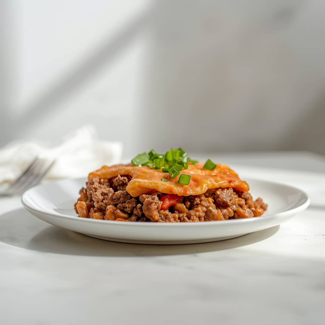Hobo Casserole Ground Beef - seared caramelized crust with juicy tender interior with chopped scallions and toasted sesame seeds