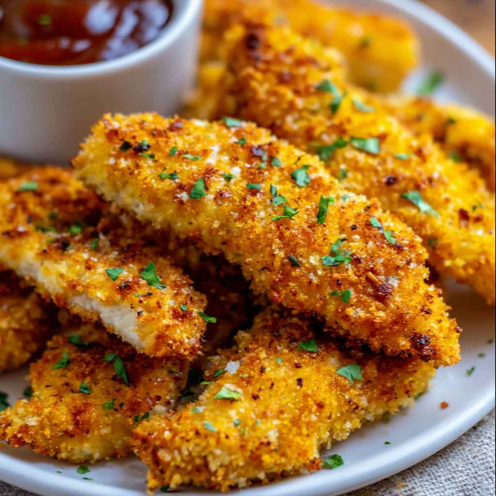 Homemade Baked Chicken Tenders - tender with chopped chives and lemon slices