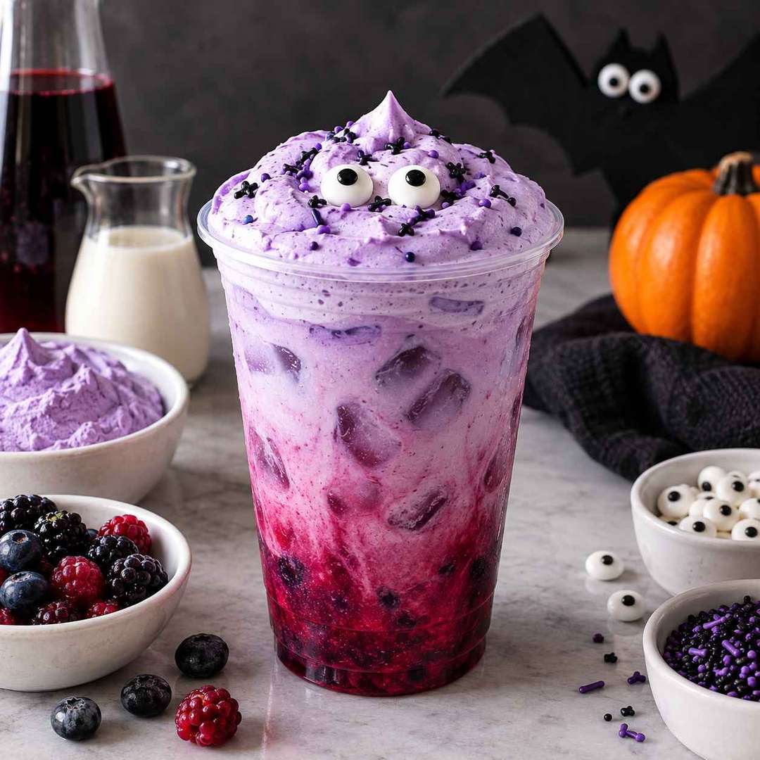 Homemade Berry Bat Refresher (Copycat Halloween Drink) - purple layered Halloween drink with berry juice, blueberry, oat milk, marshmallow cold foam and candy eyes