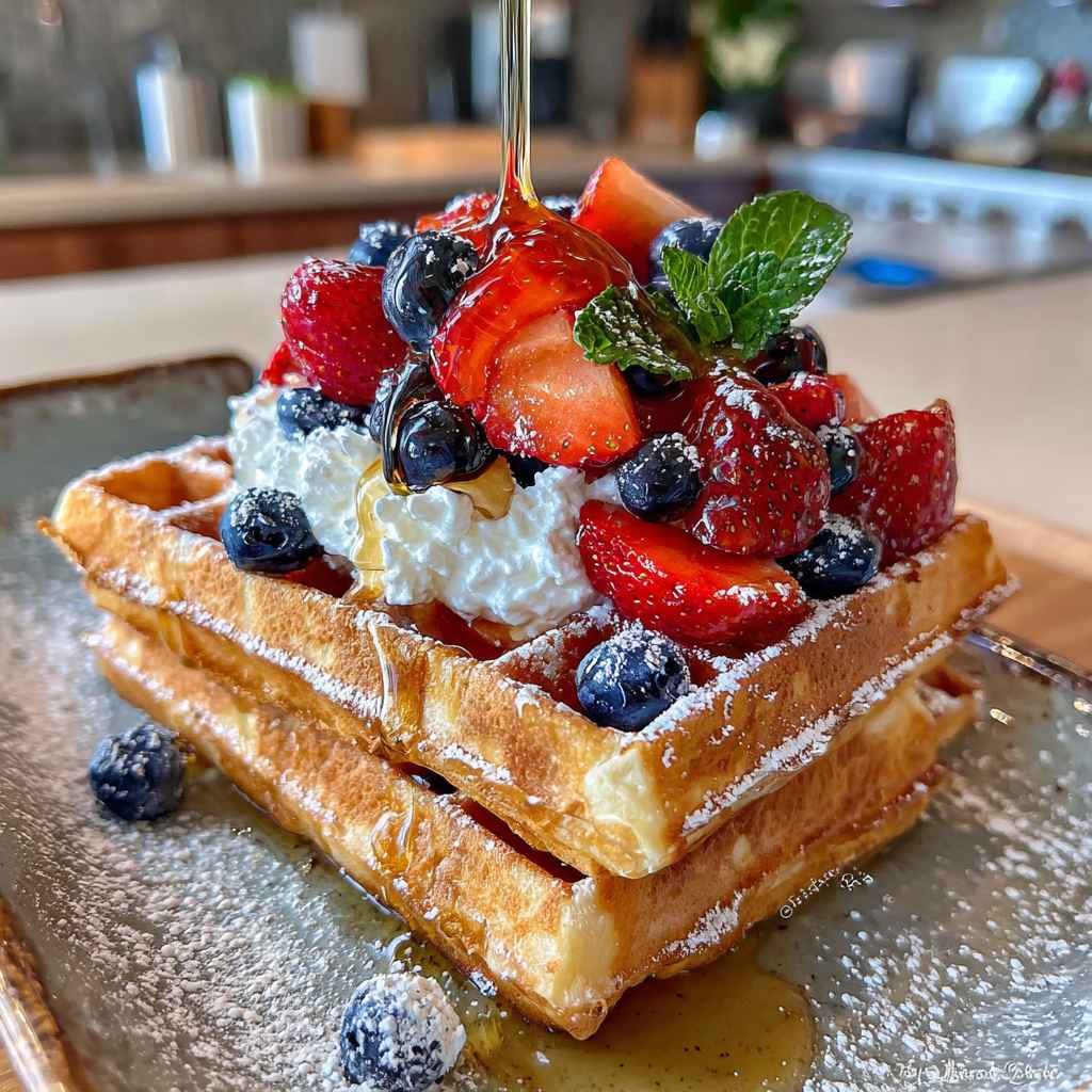 Homemade Crispy Waffles Recipe - moist with a dollop of whipped topping