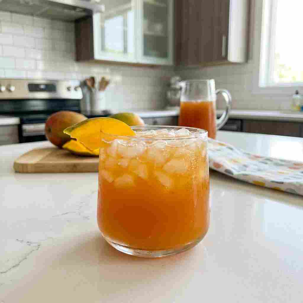 Homemade Mango Iced Tea - effervescent bubbling finish over clear ice cubes with fresh sliced strawberries on the glass rim
