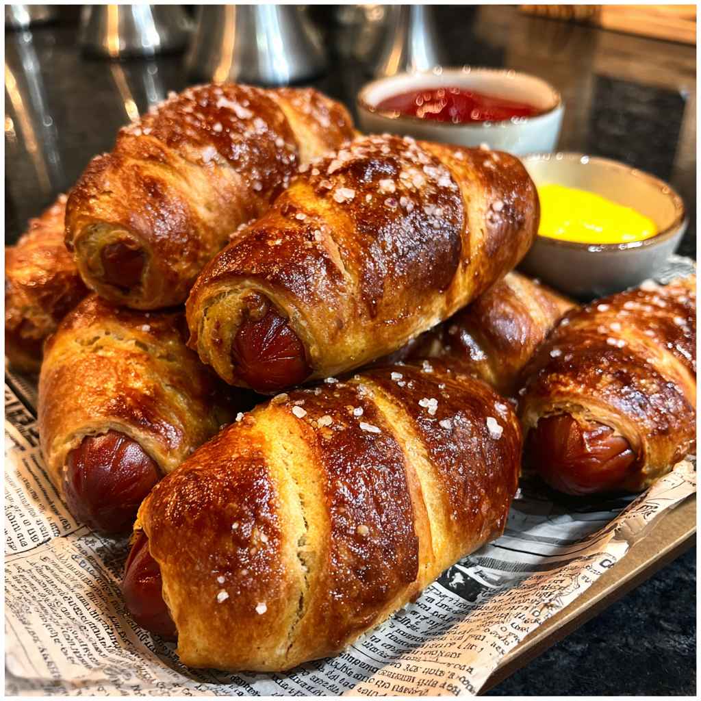 Homemade Pretzel Dogs Recipe - smooth creamy dipping consistency with baked bubbly top with chopped parsley and grated cheese
