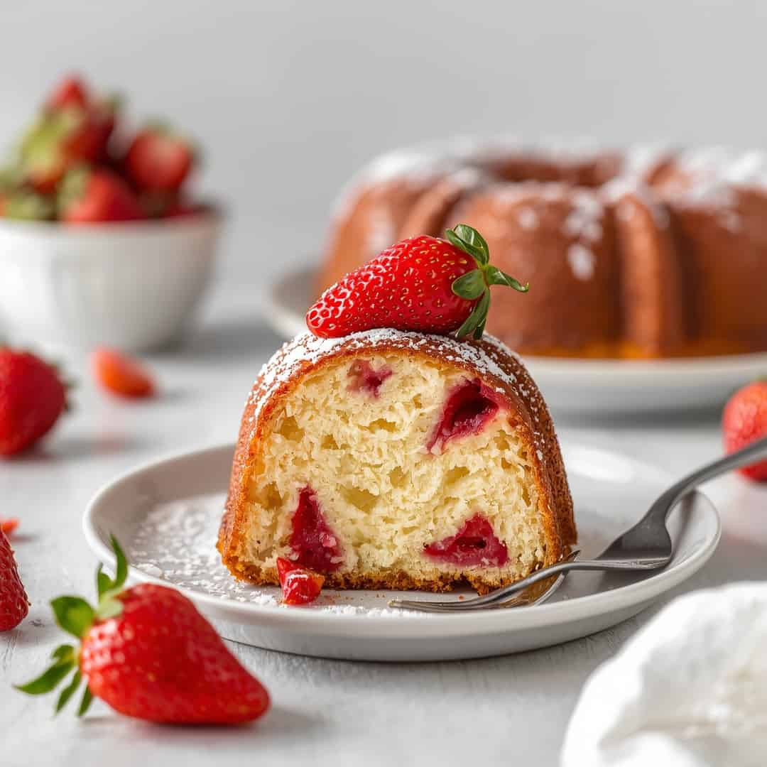 Homemade Strawberry Bundt Cake Recipe - moist with a dollop of whipped topping