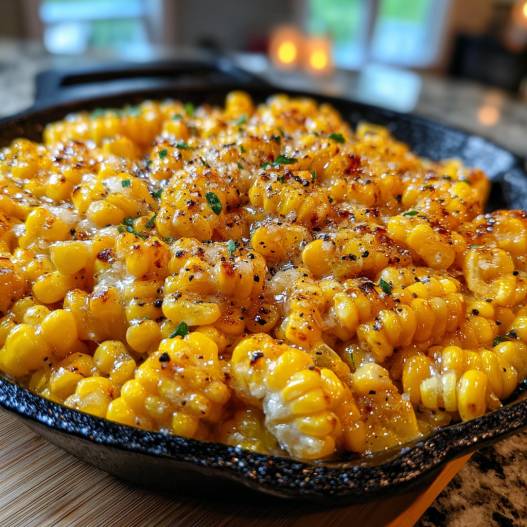 Honey Butter Skillet Corn - seasoned crunchy edges with vibrant dipping sauce with fresh cilantro leaves and sliced jalapeños