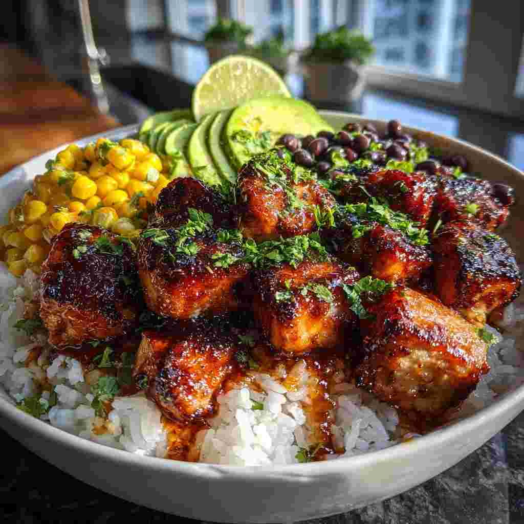 Honey Chipotle Chicken Rice Bowls - colorful crunchy medley with radiant fresh textures with a light drizzle of vinaigrette