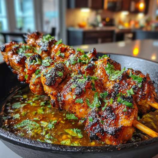 Honey Chipotle Chicken Skewers - tender with chopped chives and lemon slices
