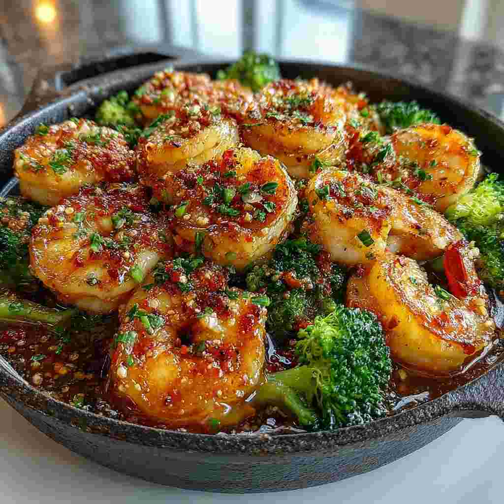 Honey Garlic Butter Shrimp & Broccoli - glistening citrus-herb glaze over delicately cooked fillets with paprika dusting and fresh parsley sprigs