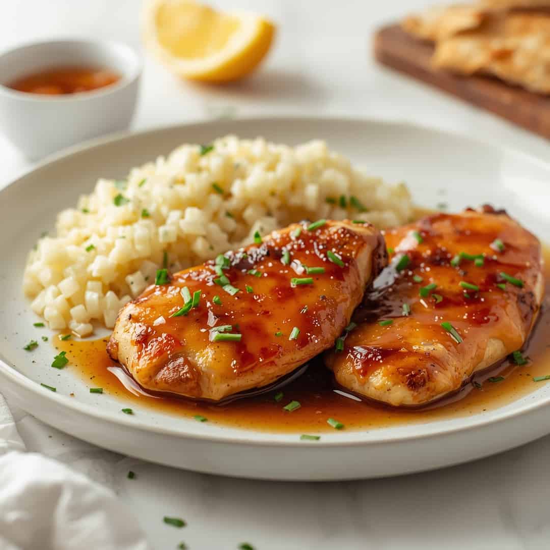 Honey Garlic Chicken Breasts - tender with chopped chives and lemon slices