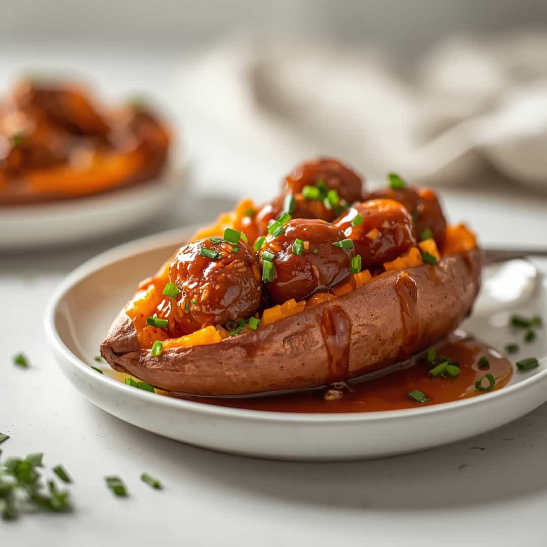 Honey Garlic Sausage Sweet Potatoes - tender slow-cooked meat with deep savory glaze with fresh parsley and cracked peppercorns