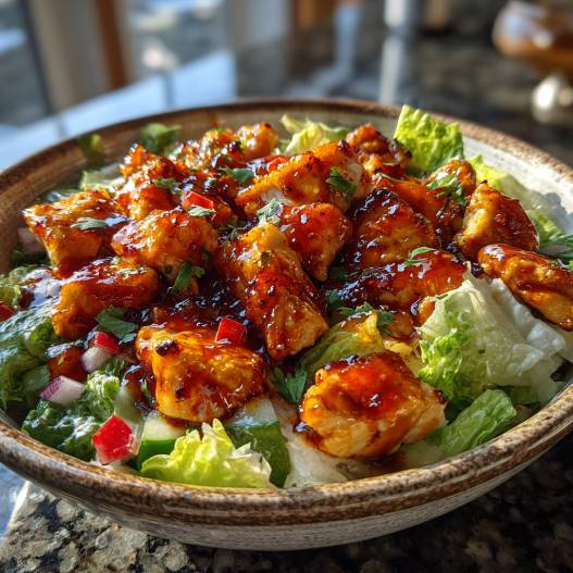 Honey Hot Chicken Salad - colorful crunchy medley with radiant fresh textures with a light drizzle of vinaigrette