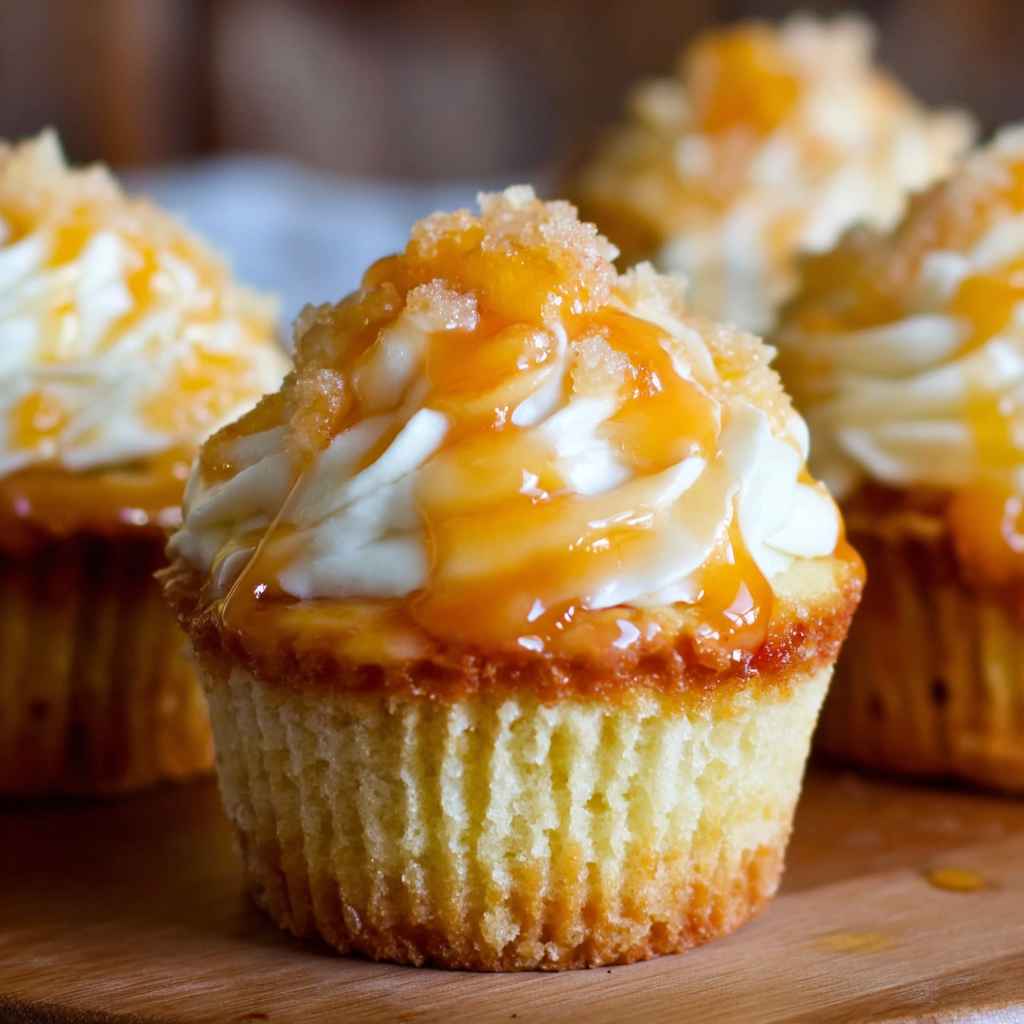 Honey Peach Cream Cheese Cupcakes - delicate flaky crust with warm caramelized edges with fresh garden berries and mint