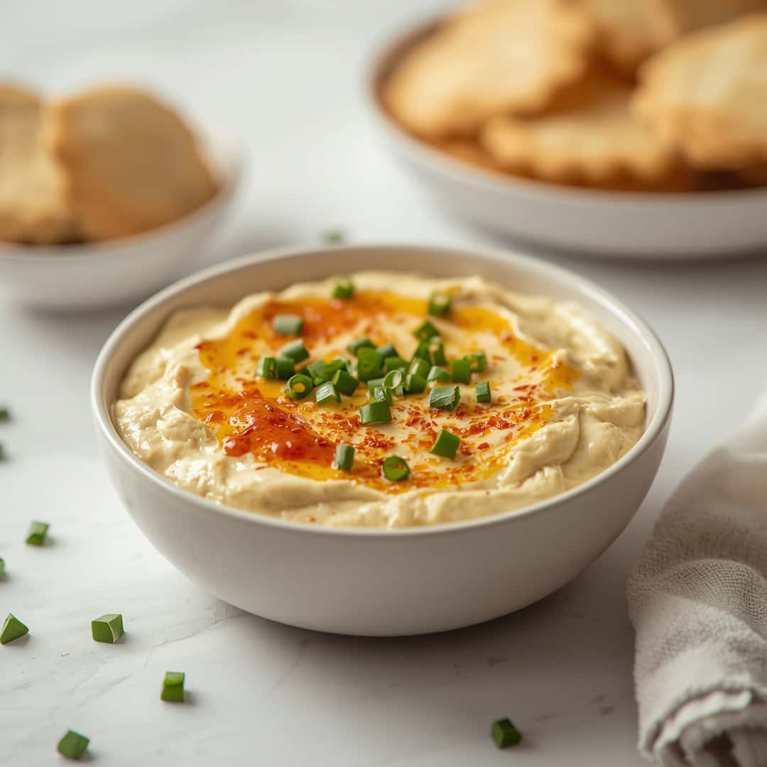 Hot Artichoke Dip - seasoned crunchy edges with vibrant dipping sauce with fresh cilantro leaves and sliced jalapeños