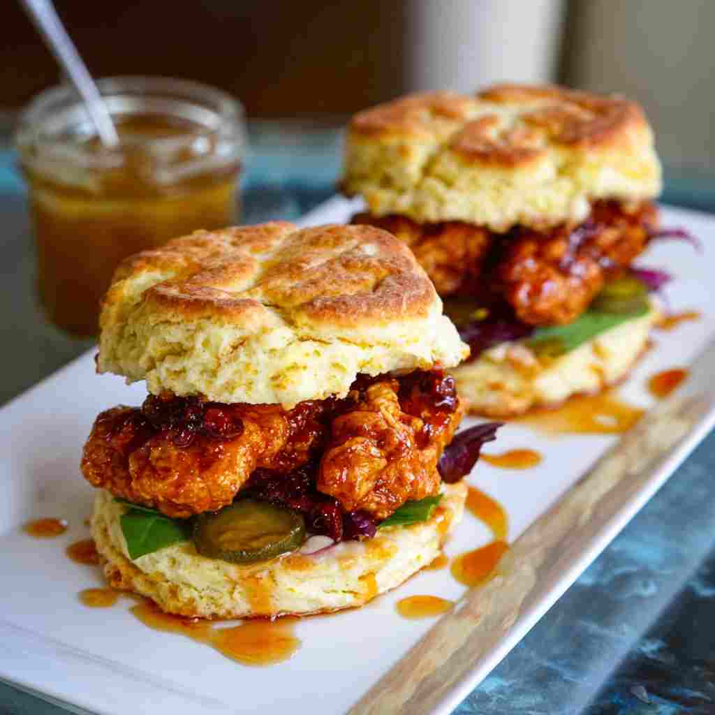 Hot Honey Chicken Biscuits - succulent simmered chicken smothered in rich pan sauce with fresh rosemary sprigs and pan drippings