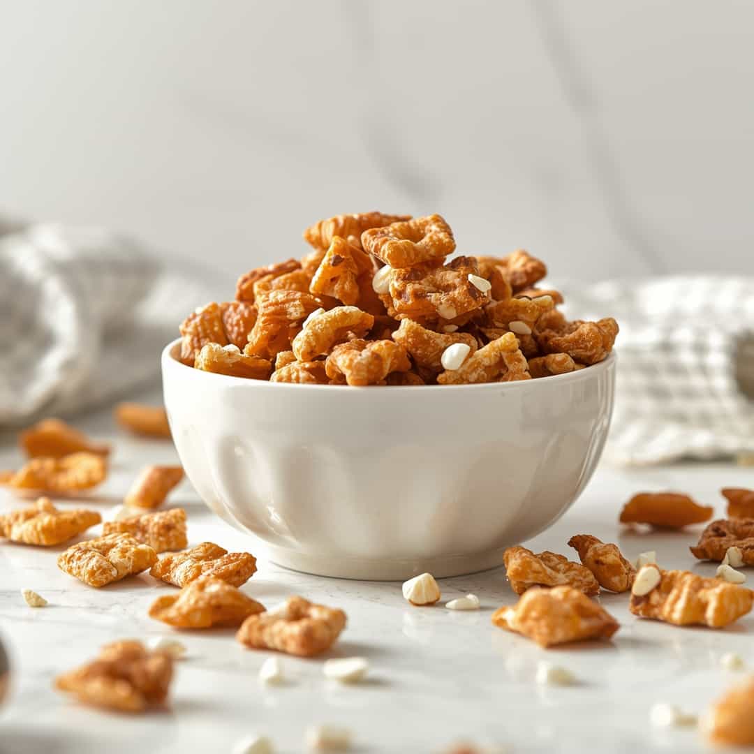 Irresistible Toffee Chex Mix - homemade dish showcasing wholesome fresh ingredients with microgreens and lemon zest