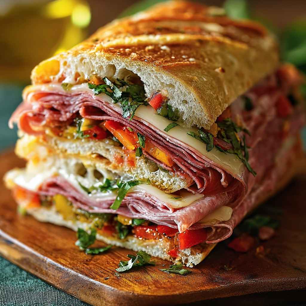 Italian Muffuletta Sandwich Recipe - homemade dish showcasing wholesome fresh ingredients with microgreens and lemon zest