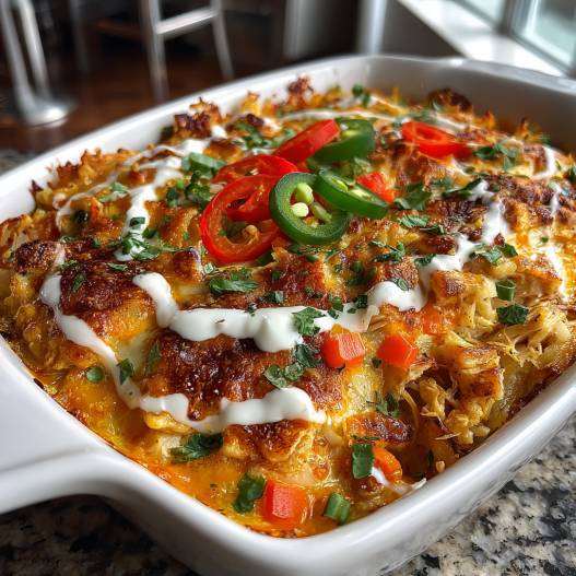 Jalapeño Buffalo Chicken Casserole - tender with chopped chives and lemon slices