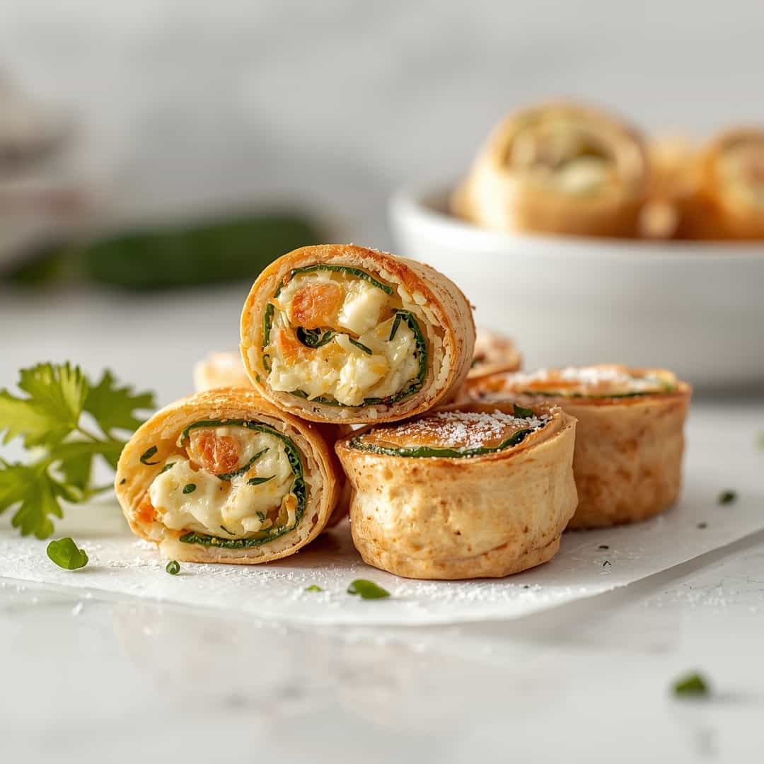 Jalapeno Popper Pinwheels - crispy golden exterior with warm flavorful filling with toasted sesame seeds and dipping bowl