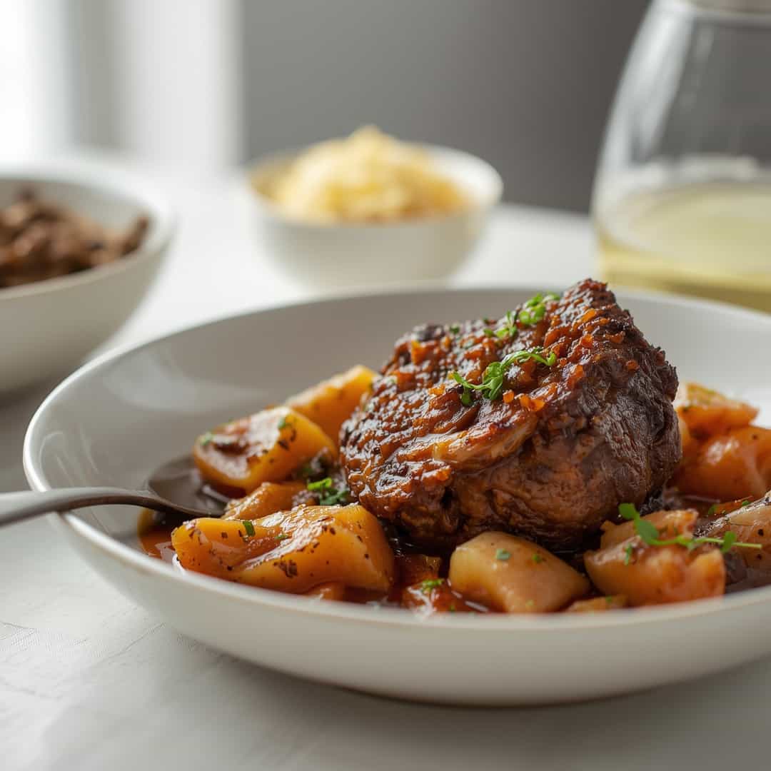 Juicy French Onion Pot Roast - golden sizzled finish with rich natural juices with flaky sea salt and fresh thyme