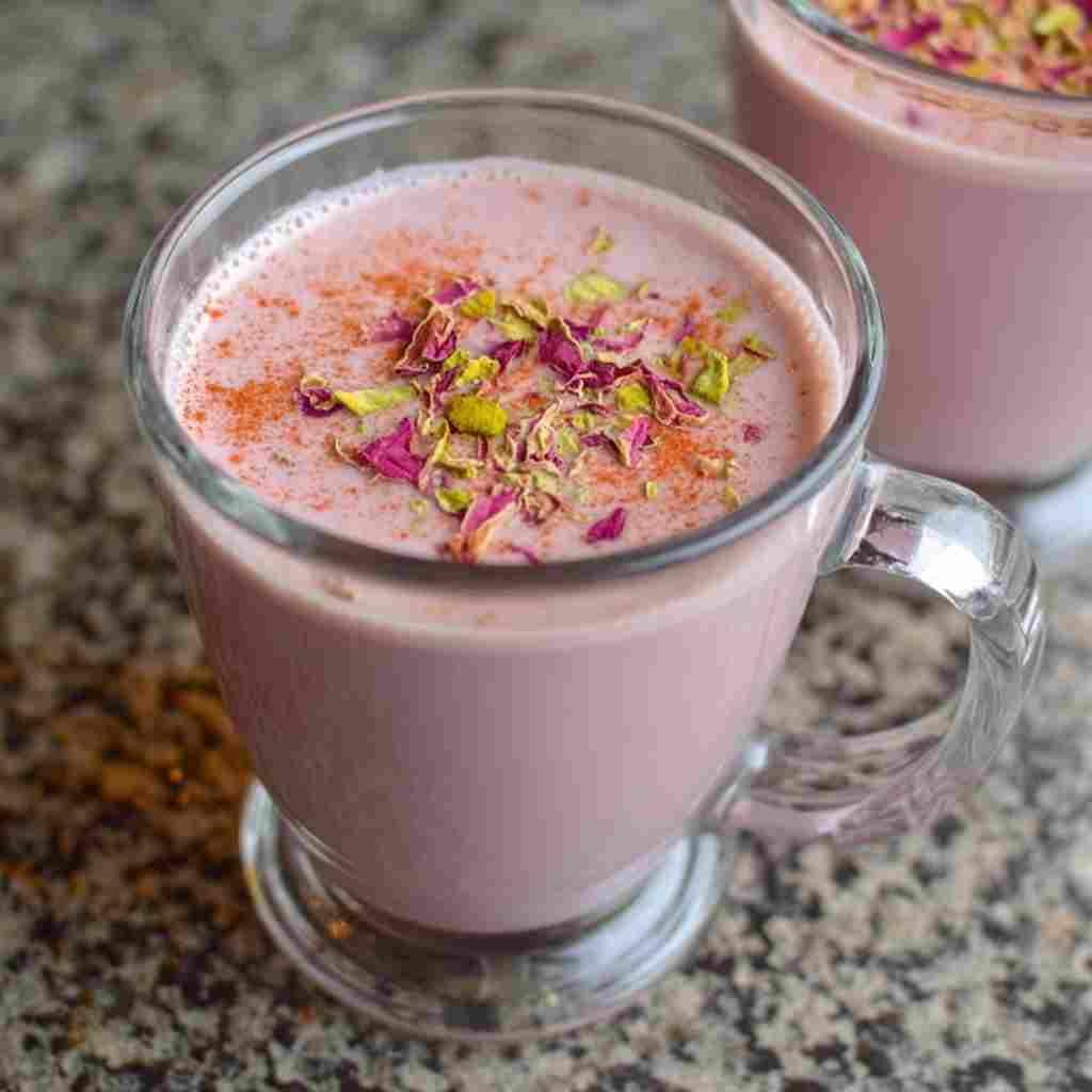 Kashmiri Pink Chai Recipe - smooth creamy blended texture with rich froth with a fresh citrus wheel and fragrant mint sprig