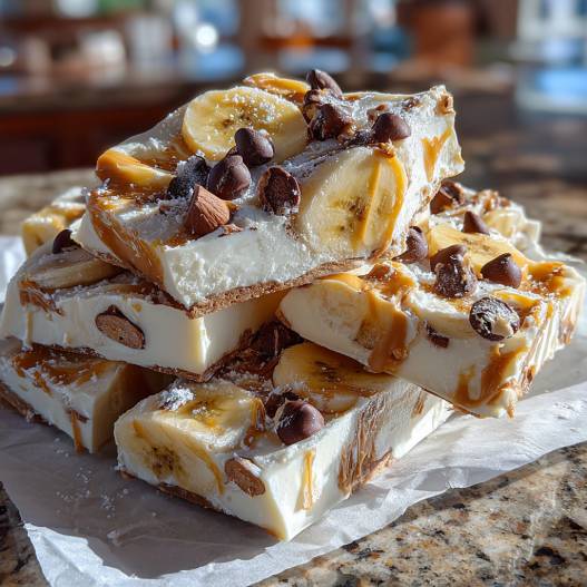 Kid-Requested Frozen Yogurt Bark with Peanut Butter & Bananas - rich fudgy consistency with glossy chocolate finish with chopped toasted nuts