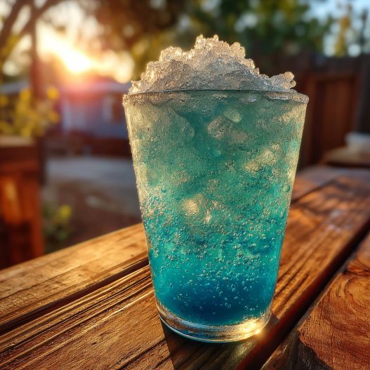 Kool-Aid Slushie - effervescent bubbling finish over clear ice cubes with a festive straw and lime wedge