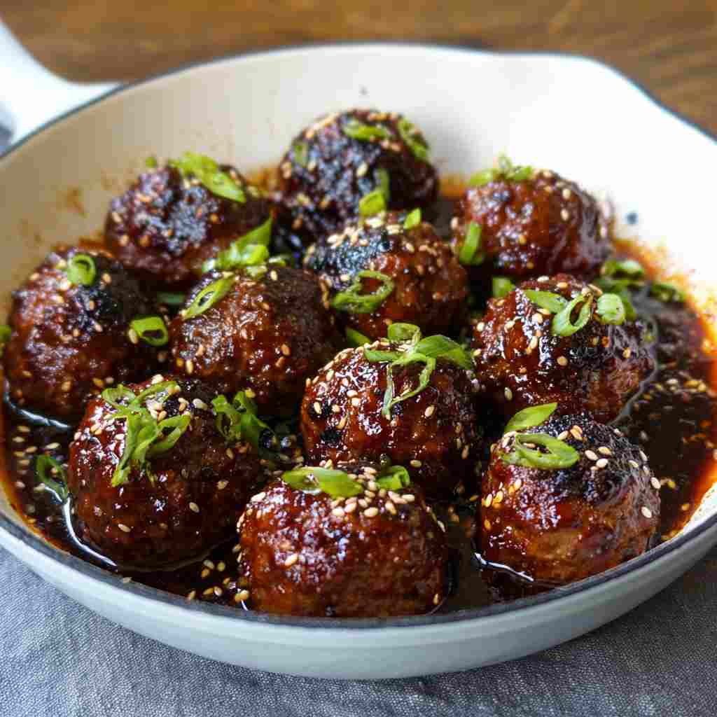 Korean BBQ Meatballs - tender slow-cooked meat with deep savory glaze with fresh parsley and cracked peppercorns