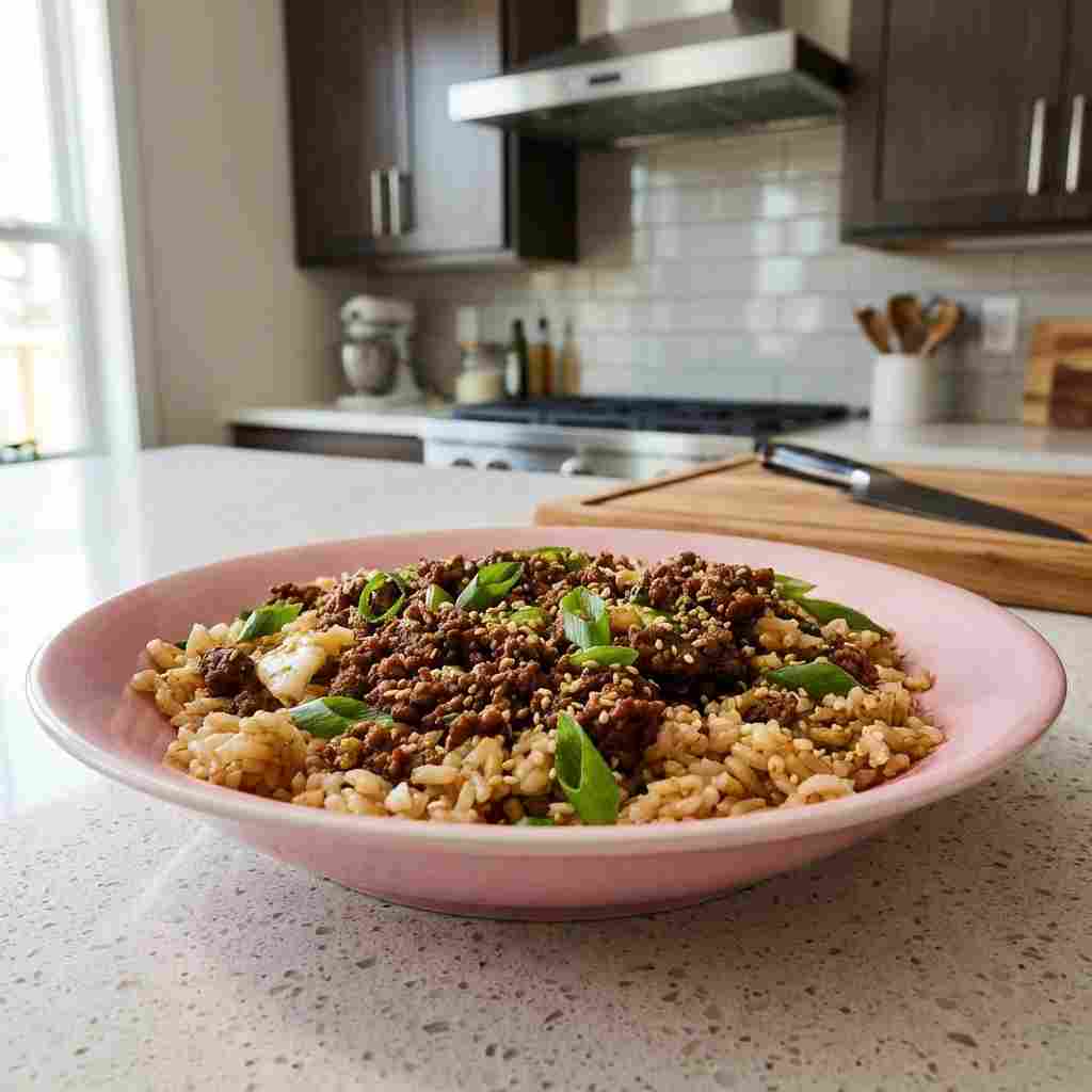 Korean Ground Beef Bowl - crisp garden greens with shaved radishes and fresh herbs