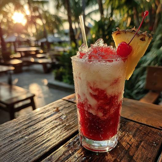 Lava Flow Drink Recipe - effervescent bubbling finish over clear ice cubes with a fresh citrus wheel and fragrant mint sprig