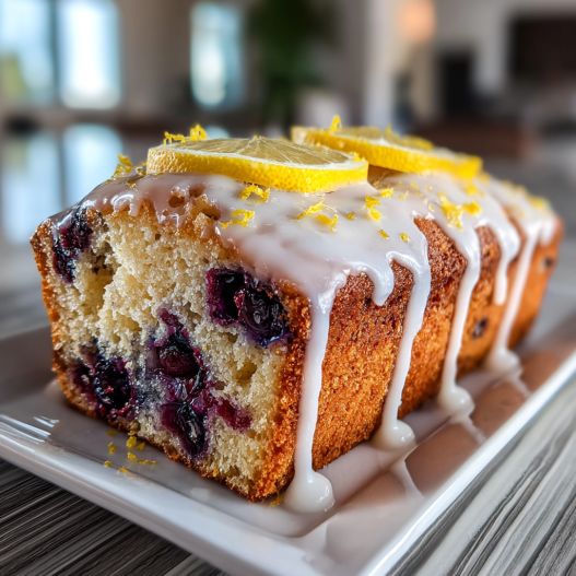 Lemon Blueberry Bread - rich velvety layer with crisp golden edges with a delicate dusting of powdered sugar
