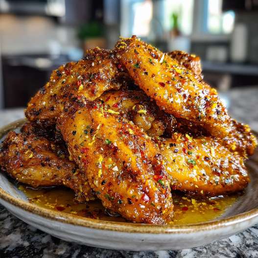 Lemon Pepper Wings with Honey - crispy golden exterior with warm flavorful filling with toasted sesame seeds and dipping bowl