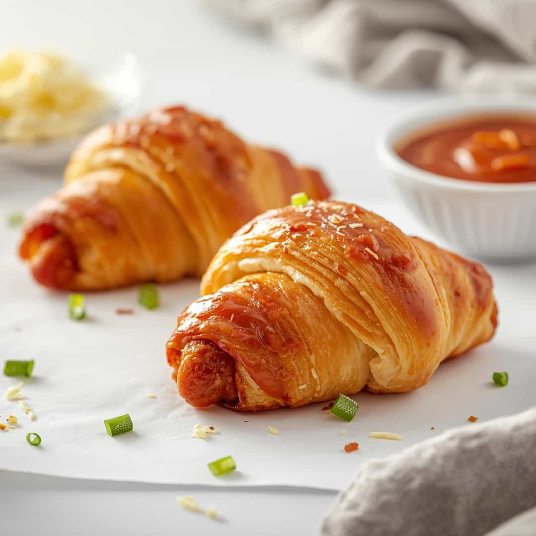Little Smokies in Crescent Rolls - smooth creamy dipping consistency with baked bubbly top with chopped parsley and grated cheese