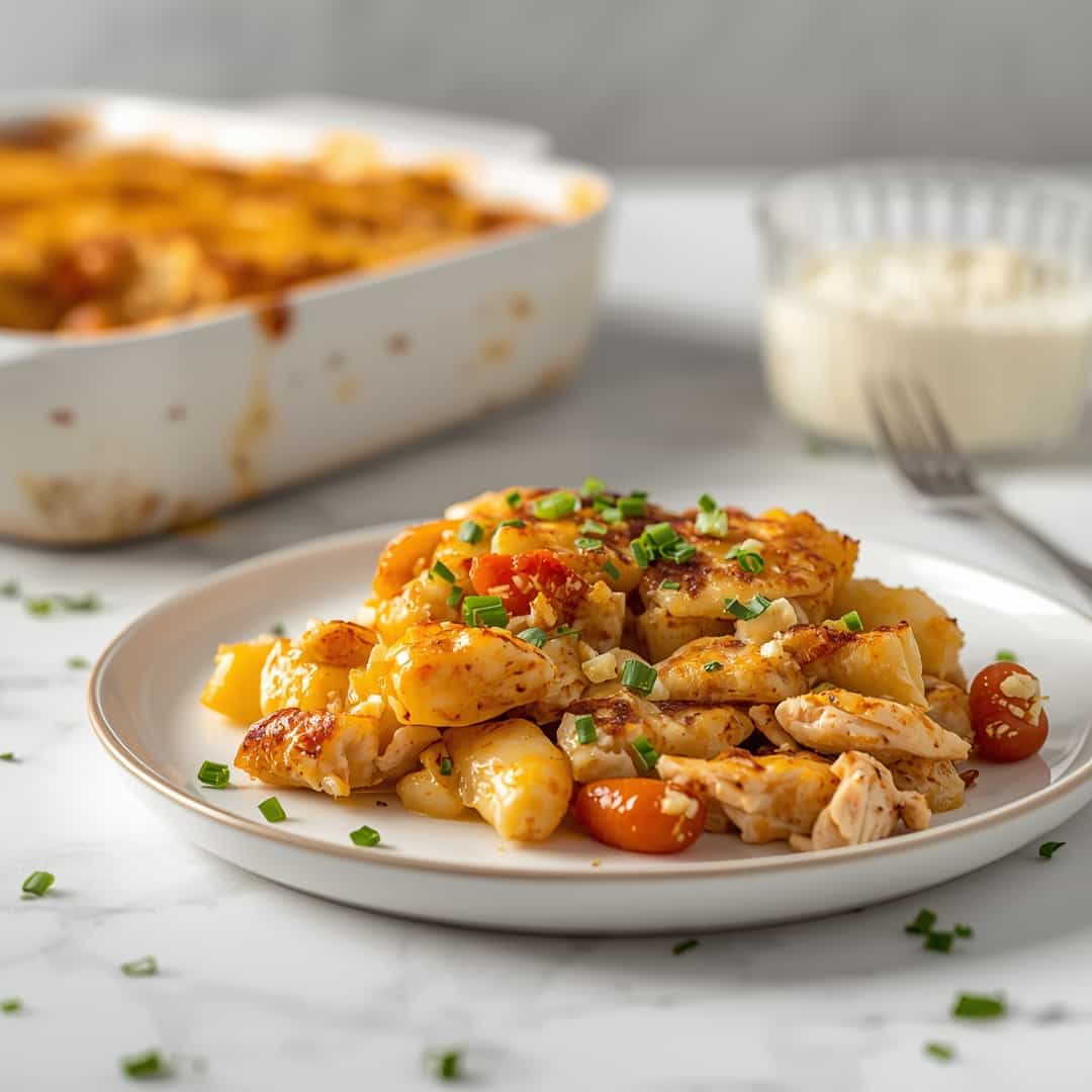 Loaded Potato Ranch Chicken Casserole - crispy golden skin with aromatic herb seasoning with fresh thyme leaves and roasted garlic cloves