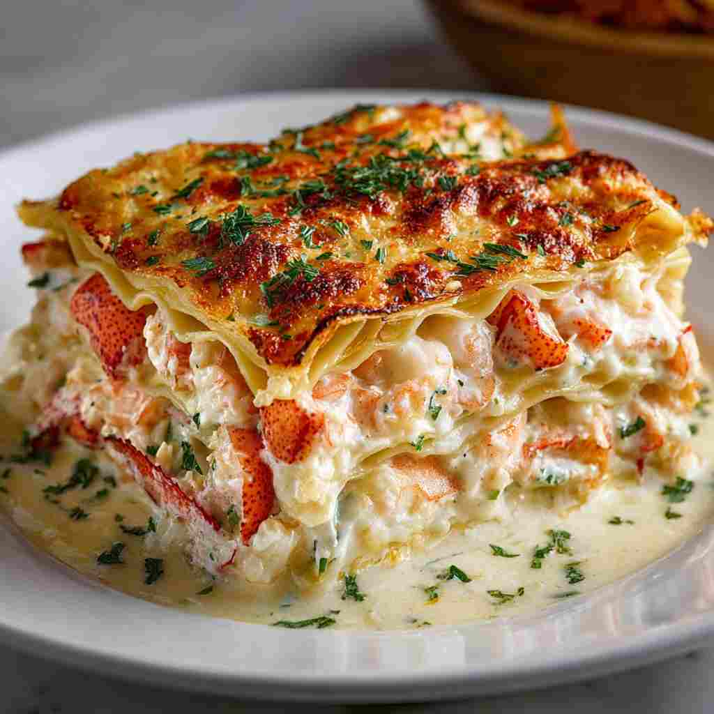 Lobster and Shrimp Seafood Lasagna - golden baked melted cheese crust with saucy edges with freshly grated Parmigiano-Reggiano and torn basil